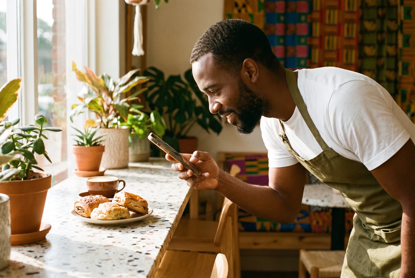 Café owner photographing fresh pastries on his phone for social media